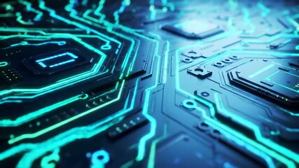 Abstract digital technology background showcasing intricate glowing electronic circuit board pathways and microchip components - Powered by Adobe
