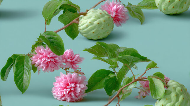 Seamless fruit, Colorful botanical composition featuring flowers and green fruit on a soft backdrop.