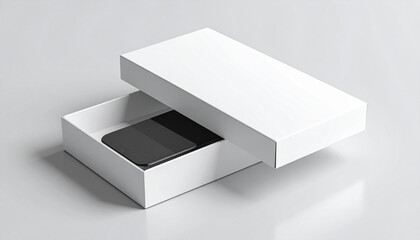 Photorealistic 8K render of an open minimal HD white cardboard packaging box with a clean rectangular cut-out window showcasing a sleek futuristic smart device inside on a polished light
