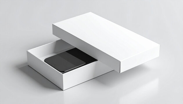 Photorealistic 8K render of an open minimal HD white cardboard packaging box with a clean rectangular cut-out window showcasing a sleek futuristic smart device inside on a polished light
