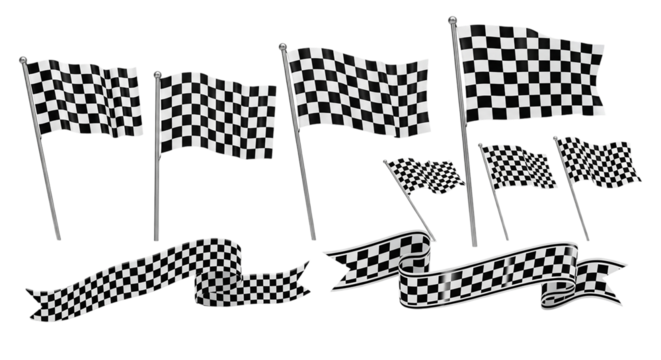 A collection of checkered flags waving triumphantly symbolizing victory and speed in a on transparent background