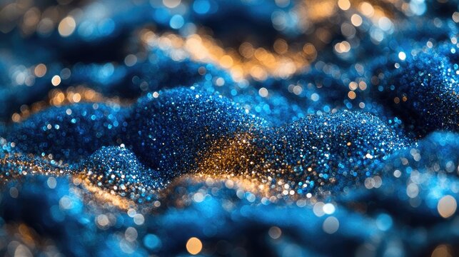 Abstract blue and gold glitter texture. Blurry background.  Possible use for a design template