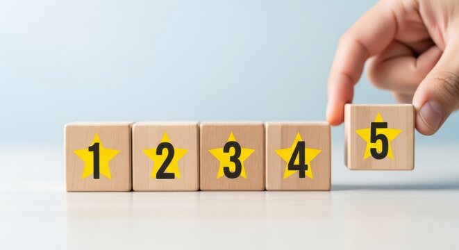 Hand placing a wooden block with a 5 on it, completing a 1-5 star rating sequence.