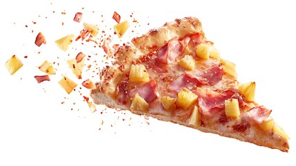 A slice of hawaiian pizza with pineapple and ham toppings and some falling pieces on a white background
