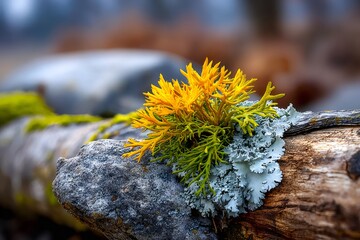 Yellow and green lichens growing on a rock and log