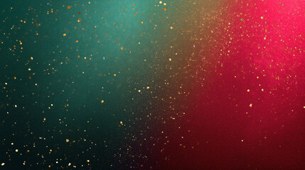 Green red gradient background with gold glitter particles scattered, creating festive and elegant atmosphere with soft glowing effect
