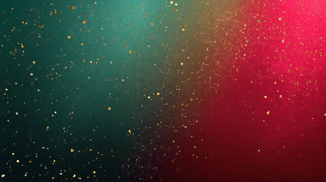 Green red gradient background with gold glitter particles scattered, creating festive and elegant atmosphere with soft glowing effect