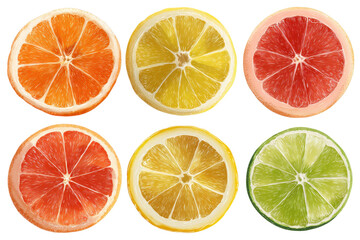 Obraz premium Citrus fruit wheel slices of grapefruit, orange, lemon, lime PNG set, cutout isolated on transparent background. Fresh drink garnish decoration graphic resource