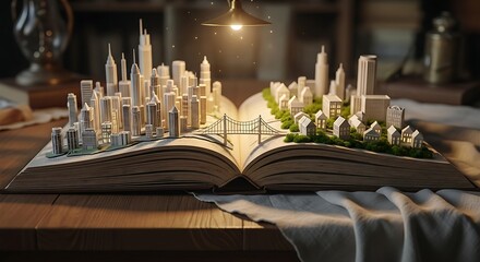 An open book unfolds into a miniature cityscape with buildings and greenery, symbolizing imagination and the creation of new worlds
