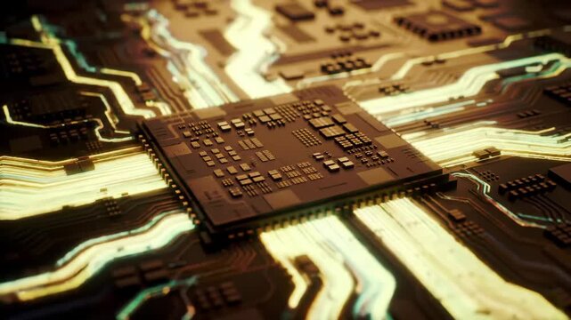 Intricate circuit board design with a central processor chip, showcasing detailed wiring and illuminated pathways.