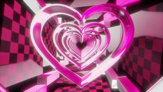 ピンクのハートのトンネルを奥に進むループ3DCG背景,チェック柄,ガラス,キラキラ,かわいい,恋,愛,結婚,
Loop 3DCG background: Pink heart tunnel extending into the distance, checkered pattern, glass, sparkle, cute, love, romance, marriage