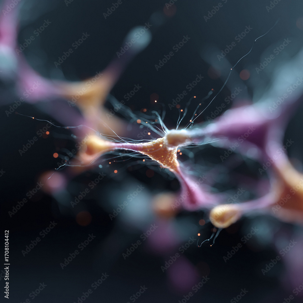 Poster abstract, vibrant rendering of neural network or cell structure, ideal for science, tech, medical th