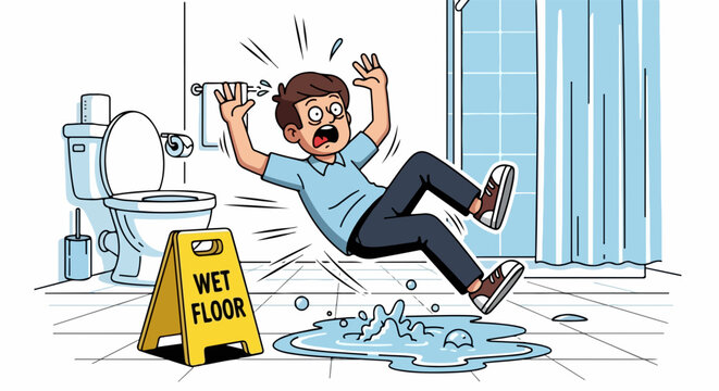 Clumsy man falling on wet floor in bathroom after slipping on puddle. Man falling after failing to see hazard warning sign on wet floor.