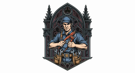 Confident plumber in gothic style frame showing vintage repairman. Vintage repairman with tools presents skilled trade within decorative, dark frame, offering reliable services.