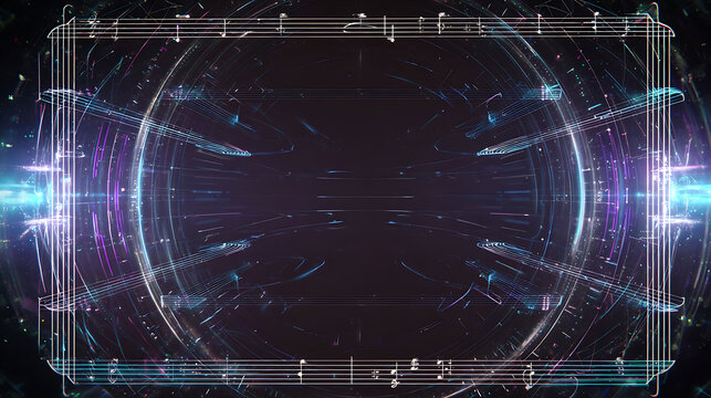 Abstract digital artwork featuring musical notation integrated with glowing futuristic circular patterns and neon light effects