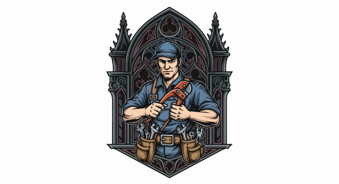 Confident plumber in gothic style frame showing vintage repairman. Vintage repairman with tools presents skilled trade within decorative, dark frame, offering reliable services.