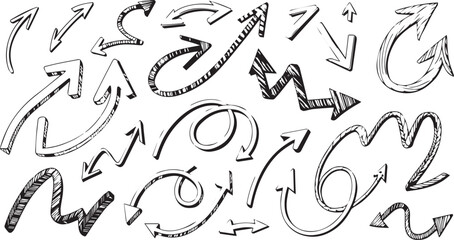 Vector art of collection of handdrawn arrows in various styles and directions