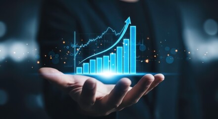 Businessman holding a glowing digital bar chart with an upward arrow symbolizing growth and success.