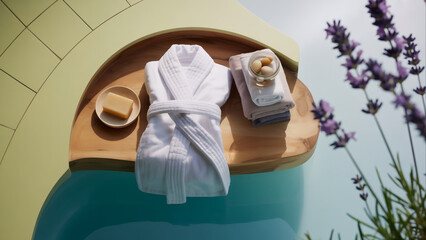 Spa relaxation concept with white bathrobe, towels, soap and lavender by the pool
