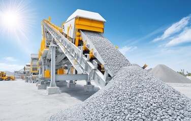 Conveyor belt system operating on a stone crusher with gravel piles under bright sunlight