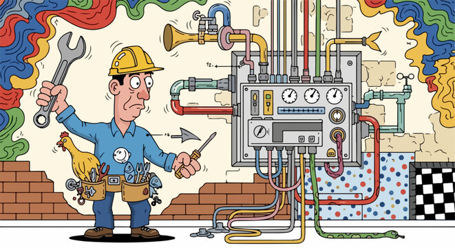 Cartoon plumber with wrench, chicken, and pipe system shows comic frustration. Frustrated cartoon plumber needs to maintain complicated system with pipes, boiler, tools and odd chicken.