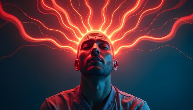 Mans head with vibrant red energy tendrils radiating outwards, representing intense focus, mental power, or a powerful idea - Powered by Adobe