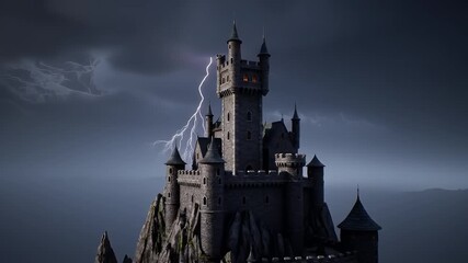 Dramatic Grey Stone Castle on Mountain Peak with Lightning Storm In Dark Blue Sky - Powered by Adobe