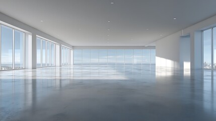 A spacious, modern office space with panoramic windows offering a stunning view of the city skyline.