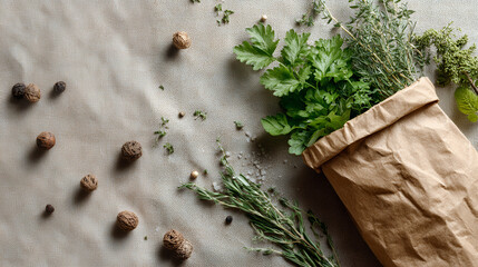 Fresh Herbs Walnuts And Brown Paper Bag On White Marble Surface