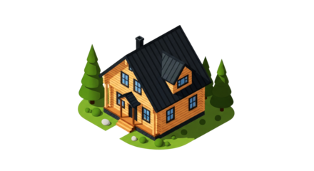 secluded mountain cabin isometric 3d model of rustic wooden house, isolated on transparent background