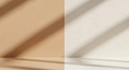Split screen background in beige and white with diagonal window shadows providing elegant copyspace for product presentation