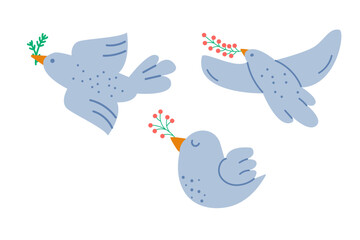 Hand drawn christmas doves set with olive branch festive decoration