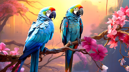 Colorful macaws in the jungle. Exotic wildlife and rainforests. Tropical birds.