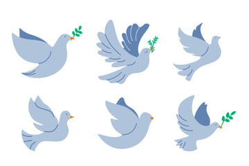 Flying christmas doves set with olive branch festive decoration