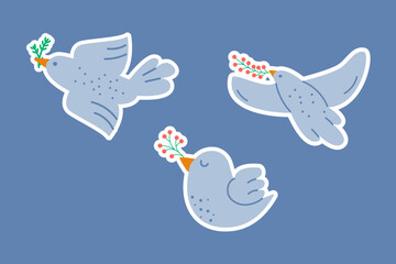 Hand drawn christmas doves sticker set with olive branch decoration