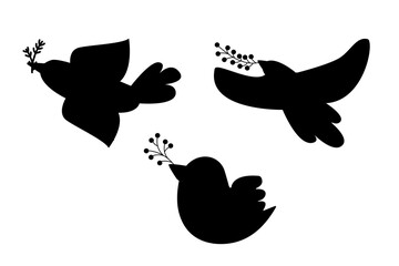 Hand drawn silhouette christmas doves with olive branch festive design