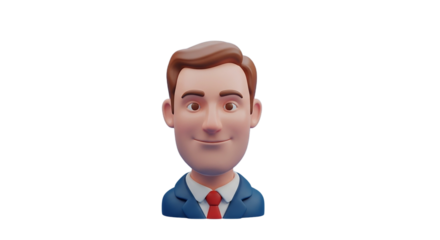 A confident 3D businessman with a subtle smile showcasing professional composure in a digital on transparent background