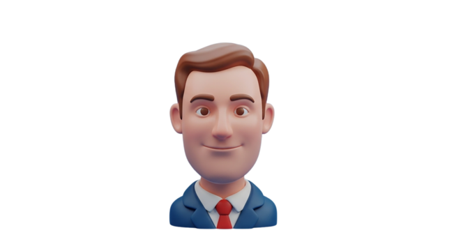 A confident 3D businessman with a subtle smile showcasing professional composure in a digital on transparent background