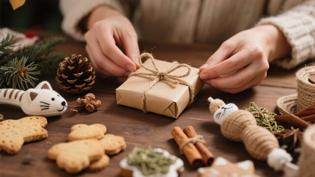 Eco friendly Christmas wrapping for pet presents natural kraft paper jute twine rustic wooden table daylight - Powered by Adobe