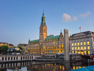 02.09.2025 Hamburg, Germany. the center of Hamburg at night in Germany, a rathaus and a square in the old town