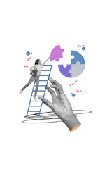 Vertical poster collage young woman achieve goal puzzle complete quiz accomplishment 3d hand ladder drawing background project manager