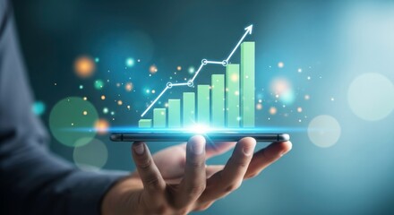 A hand holding a smartphone displaying a glowing green bar chart with an upward trend, symbolizing business growth and financial success.