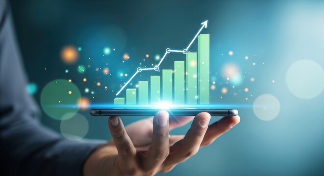 A hand holding a smartphone displaying a glowing green bar chart with an upward trend, symbolizing business growth and financial success.