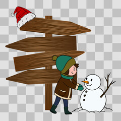 Wooden winter signpost with arrows kids playing with snow and snowman. Seasonal illustration with frosty details. Christmas scene
