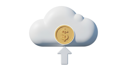 Isolated cloud financial data storage with upward pointing arrow and golden dollar coin