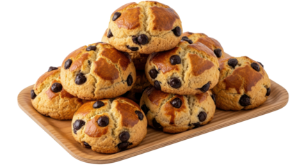 Isolated pile of chocolate chip scones on a wooden tray baked and ready to eat dessert