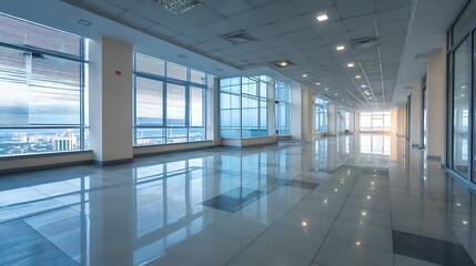 A spacious, modern office space with large windows and a clean, contemporary design.