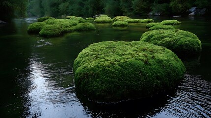 Moss-covered Rocks in Calm River Surrounded by Green Forest in Nature Scene