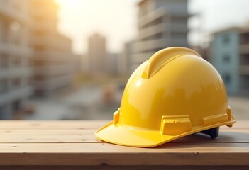 Yellow construction helmet on a wooden table with blurred building site in background, photorealistic, 8k
