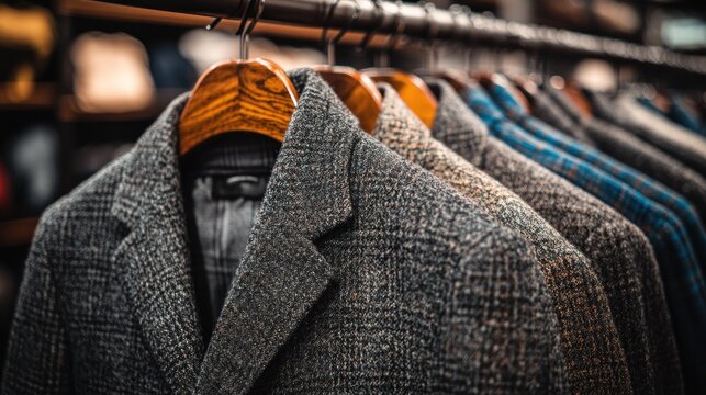 Row of men's wool coats on hangers